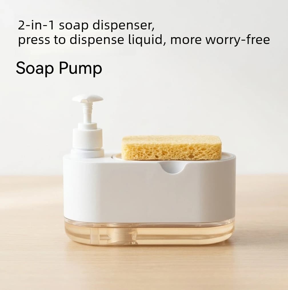 Detergent Press, Kitchen Cleaning Double Liquid Dispenser with Scouring Cloth Two-in-one Soap Dispenser