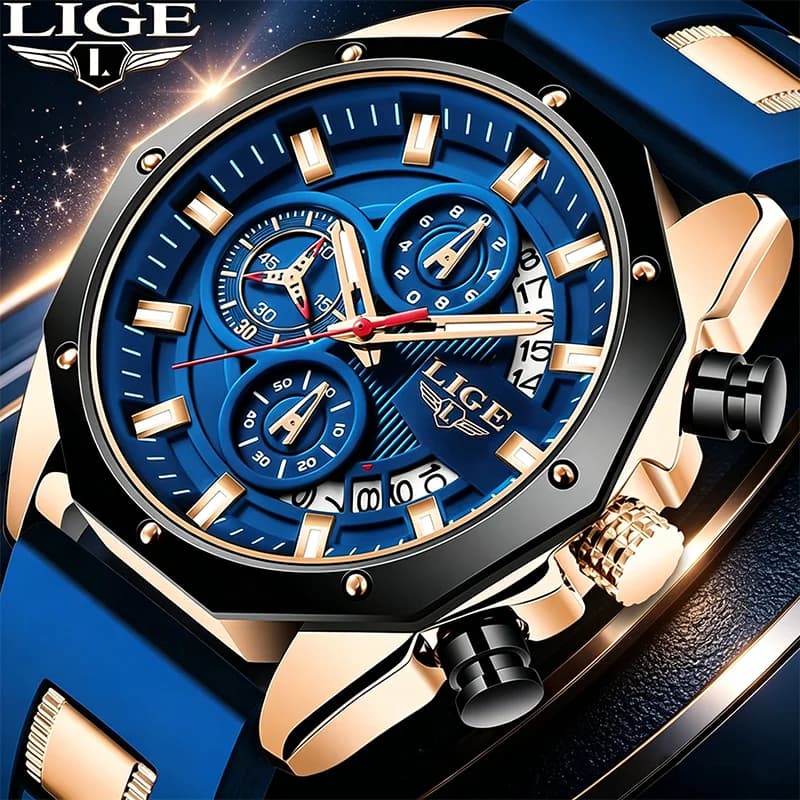 LIGE Orologio sportivo casual da uomo Orologio da uomo al quarzo di lusso Orologio da polso militare in silicone Orologio cronografo impermeabile alla moda per uomo