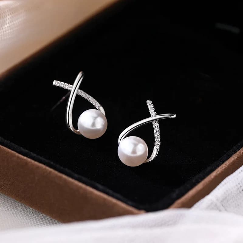 Orecchini a bottone con perle incrociate in zirconi piccoli intarsiati in argento sterling 925 dal temperamento squisito per accessori per gioielli da donna Colorfast