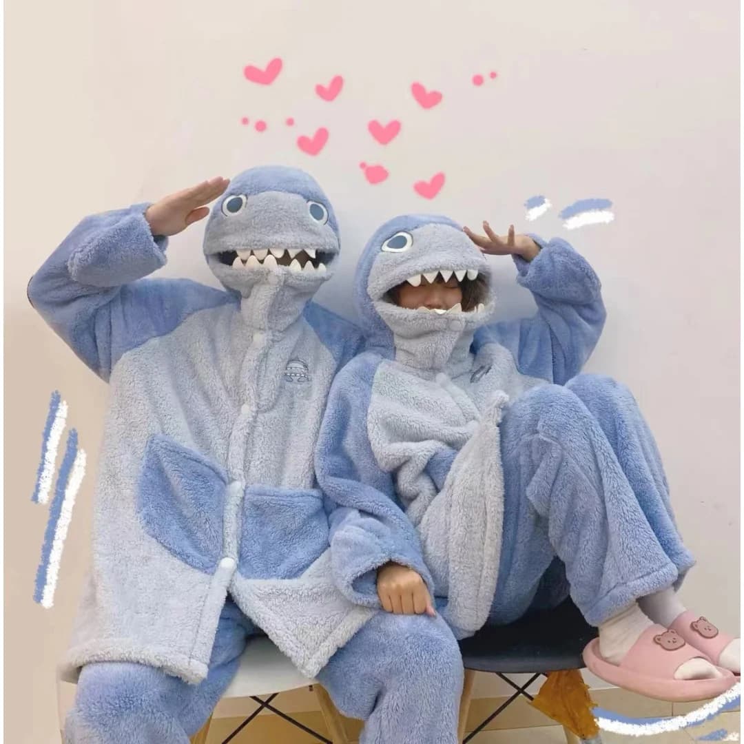 Winter Blue Shark Pajama Long Warm Coral Fleece Bathrobe Cute Funny Home Wear Set for Women Men Halloween Christmas Gifts