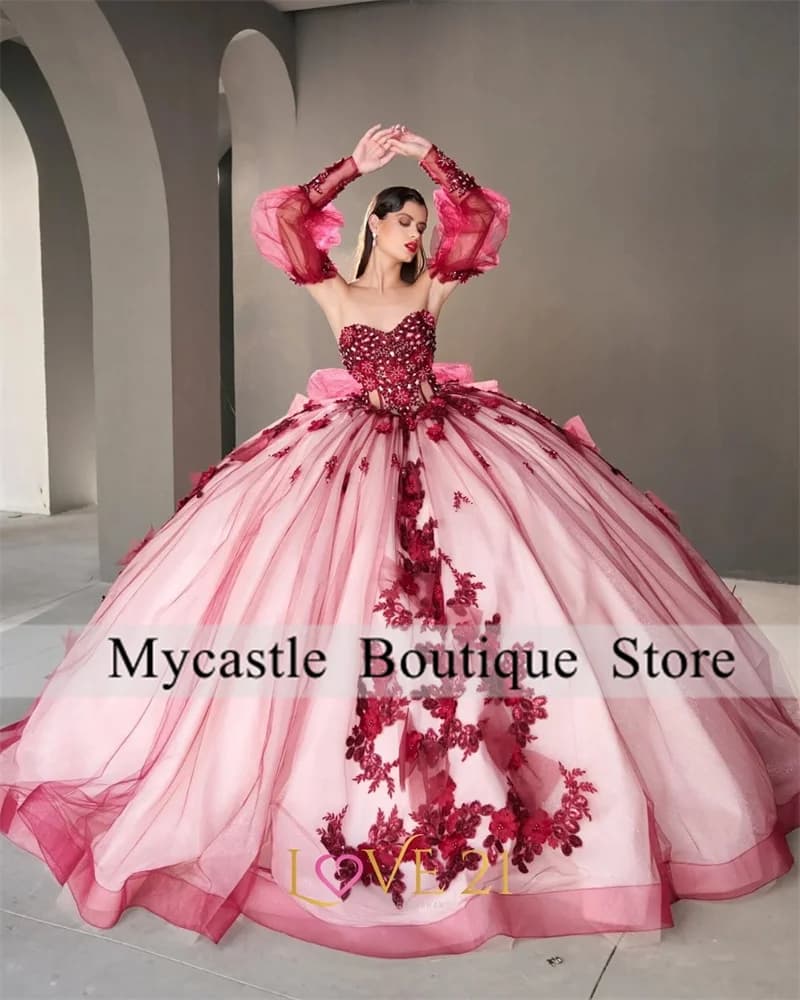 Abiti Quinceanera in tulle rosso lucido con spalle scoperte Abito da ballo dolce 16 Abito con perline Abito da festa di compleanno in pizzo personalizzato