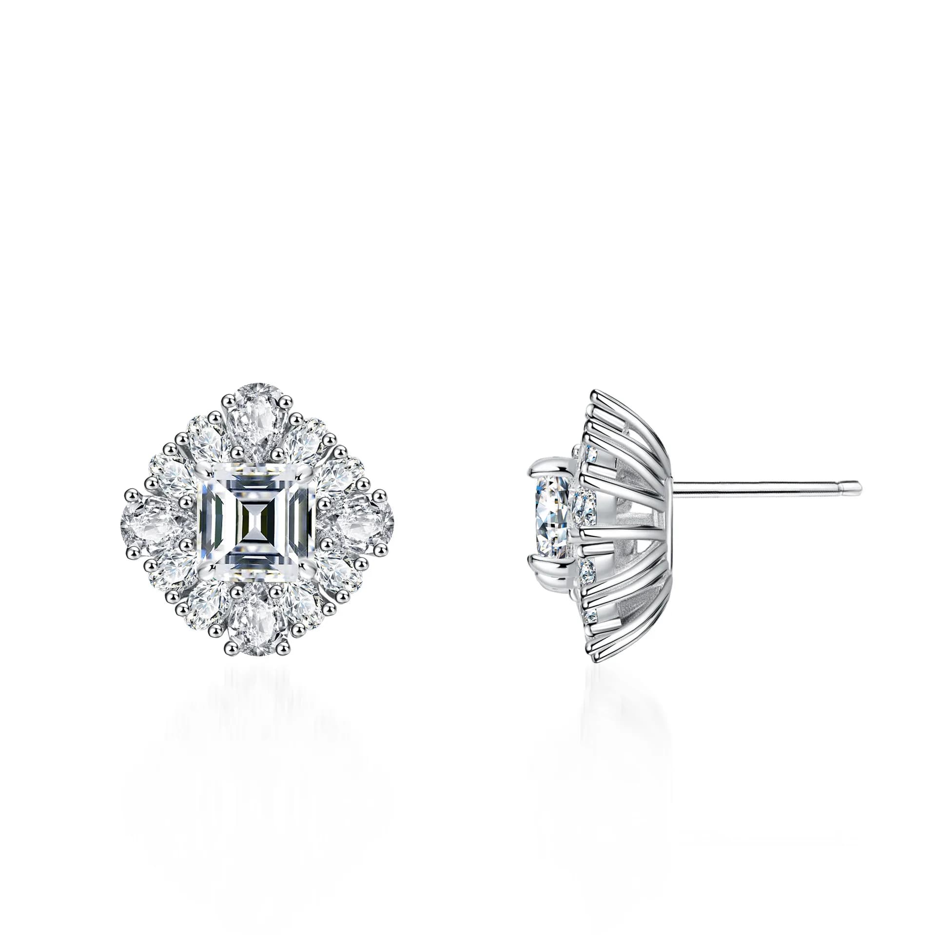 Orecchini intarsiati in oro 18 carati da donna, orecchini a quattro artigli, orecchini con diamanti Mozambico pagoda in platino quadrato verde smeraldo PT950