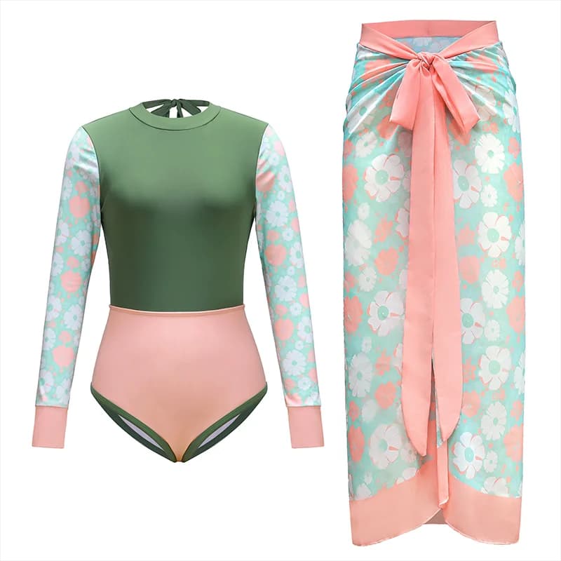 Costume da bagno sexy da donna Costume da bagno a maniche lunghe rosso rosa con copricostume patchwork Costume da bagno da surf Costume da bagno dimagrante Costumi da bagno