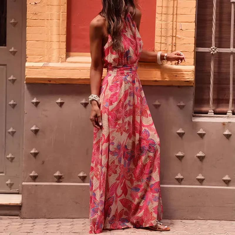 Bohemian Style Sleeveless Lace Up Long Dress Casual Floral Print Pleated Beach Dress Vintage Hollowed Out Loose Holiday Dresses