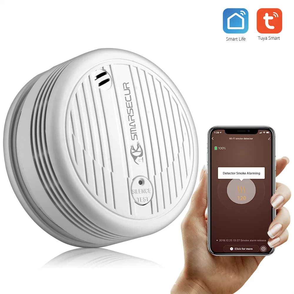 Rilevatore di Fumo Intelligente Tuya WiFi, Allarme Antincendio Sonoro e Luminoso, Notifiche su App per Smartphone, Sistema di Controllo Casa Intelligente