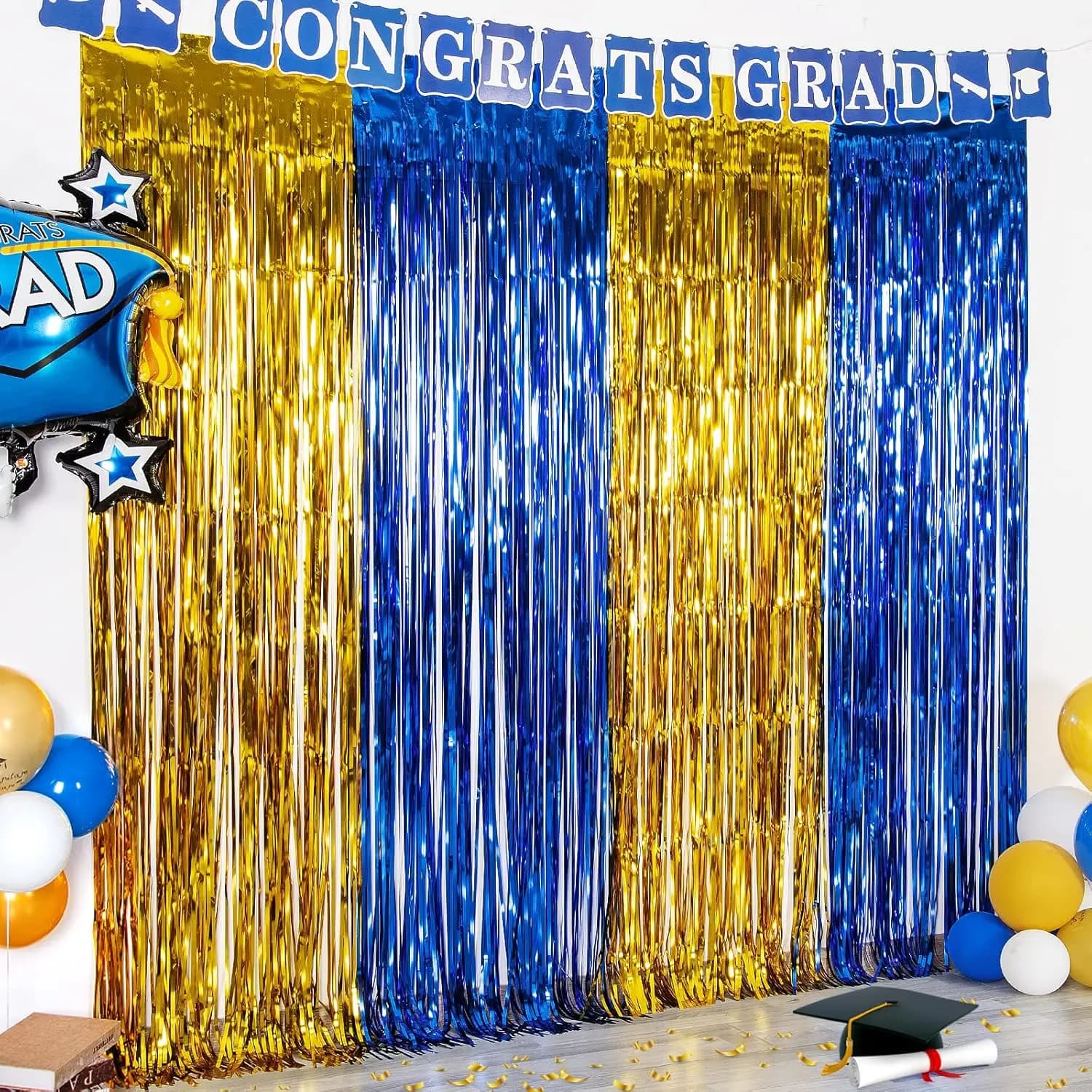 Tende con Frange in Lamina Oro Blu, Confezione da 2, 1x2 m, Decorazione per Sfondo Festa di Laurea per la Classe del 2026