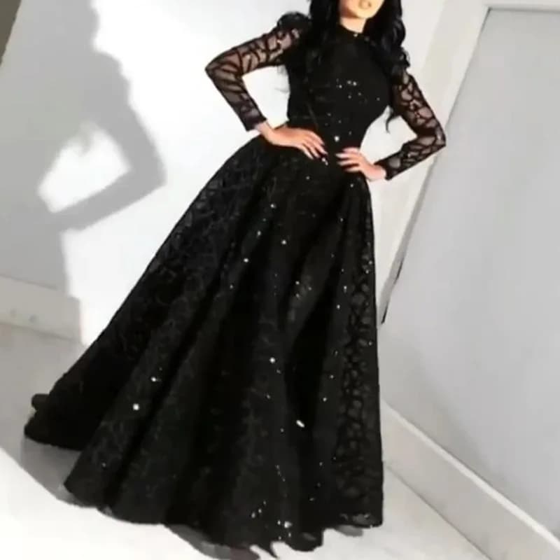 Abito Lungo Elegante da Donna in Rete Dorata a Maniche Lunghe, Sexy e alla Moda, per la Stagione Autunnale 2025, 100% Altri Materiali