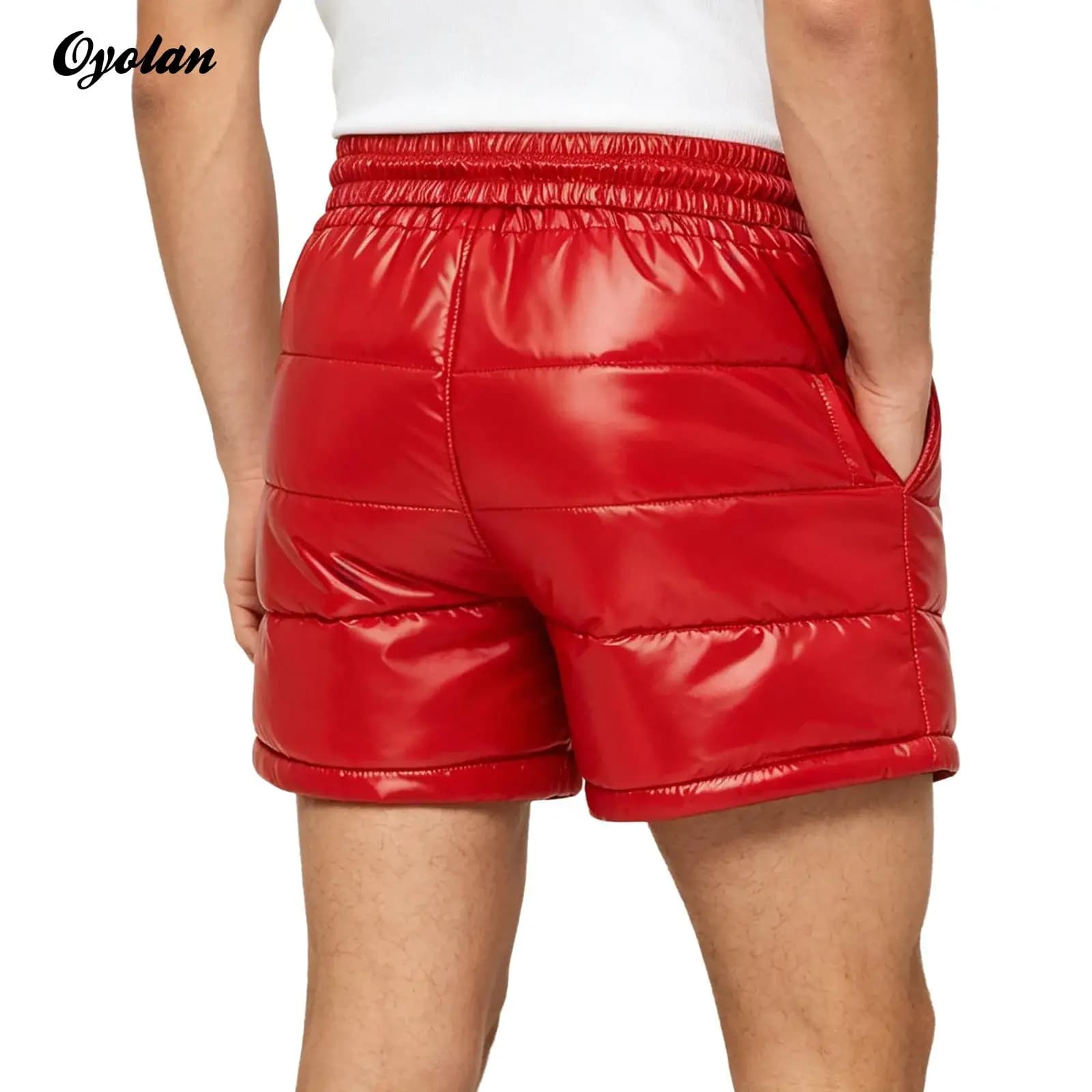 Mens Drawstring Elastic Waist Casual Shorts with Side Pockets Leakproofs Bottoms Glossy Puffer Boxer Short Padded Shorts