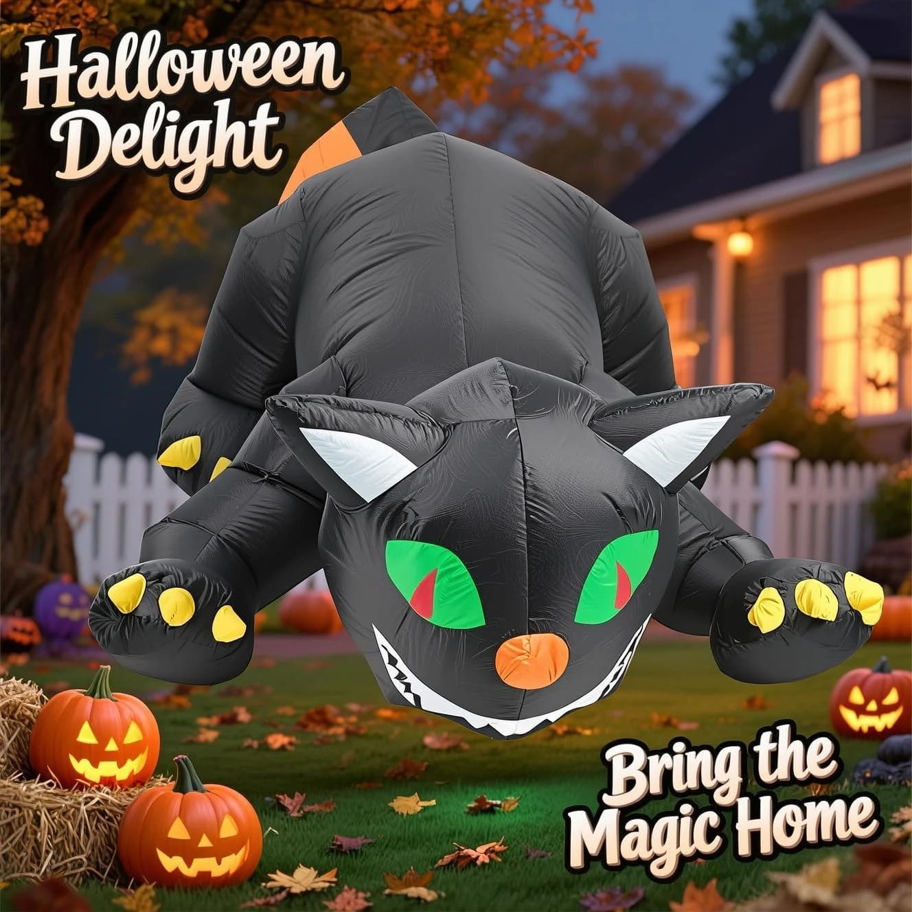 Gatto nero gonfiabile di Halloween con testa oscillante, decorazione da giardino illuminata a LED