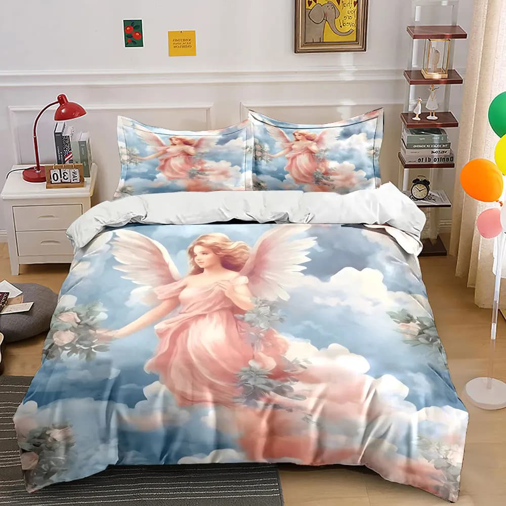 Angel with flowers in clouds Printed Duvet Cover Set 1 Duvet Cover+2 Pillowcase Multi Size Bedroom Bedding Decor Luxury gifts