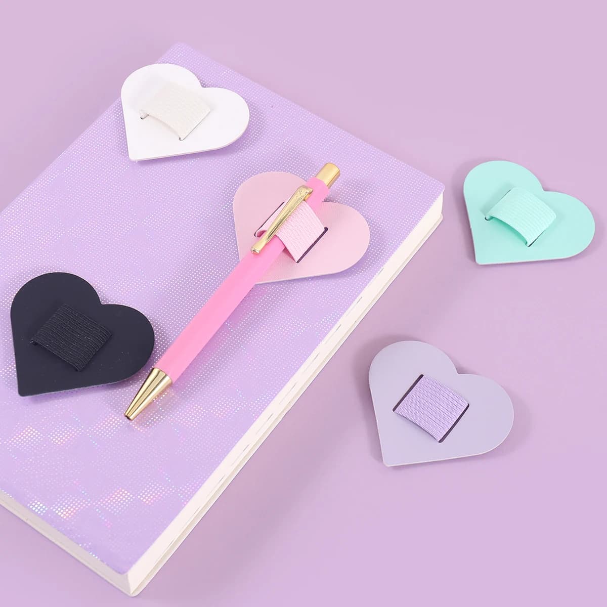 Self-Adhesive Heart Pen Clip Holder for Notebook, Elastic Loop Pen Holder for Journal Planner Tablet Case, Leather Pen Clip