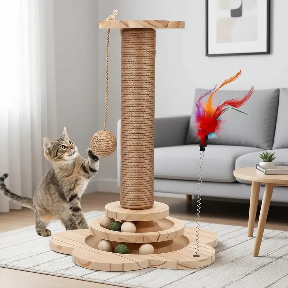 Tiragraffi per Gatti, Torre Tiragraffi, Albero per Gatti in Legno con Base Impermeabile, Palla Interattiva per Gatti e Gattini (Piccolo)