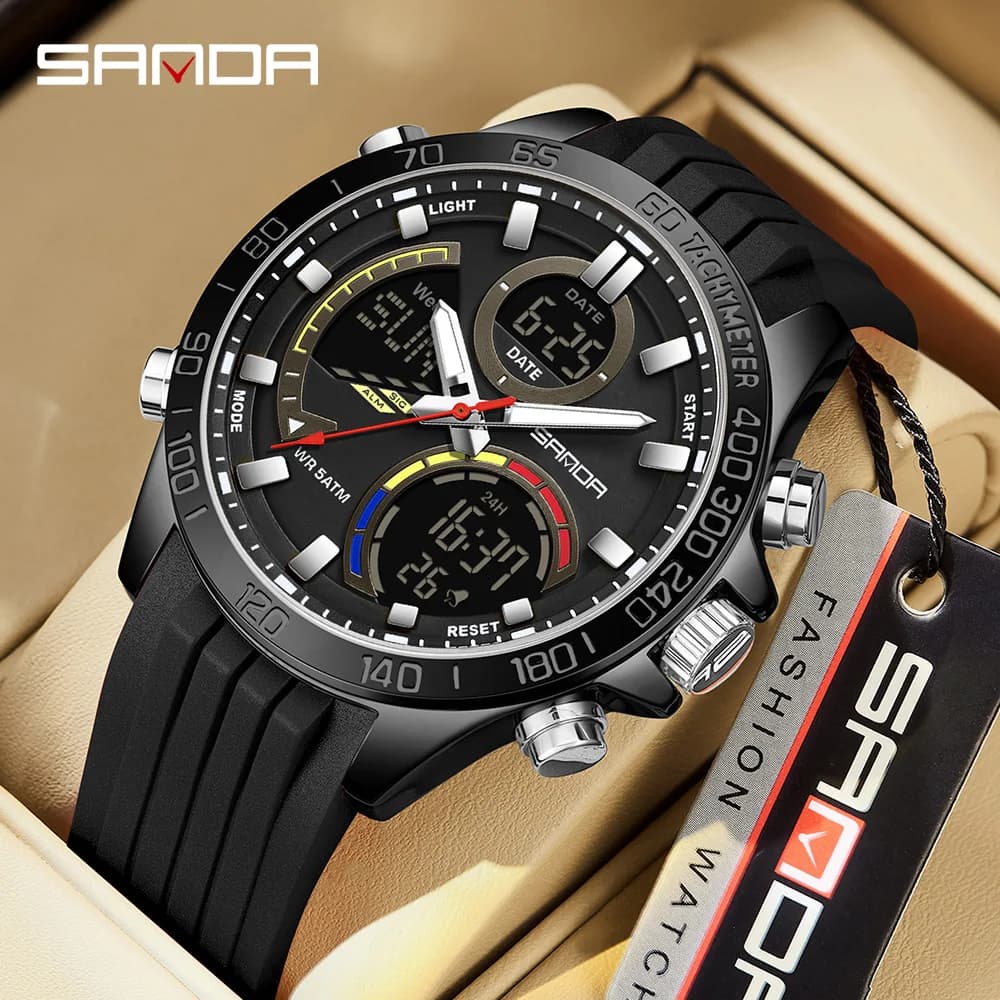 2025 Sanda 6269 Orologio elettronico cool Sveglia impermeabile Orologio da uomo di tendenza alla moda con cinturino in acciaio multifunzionale