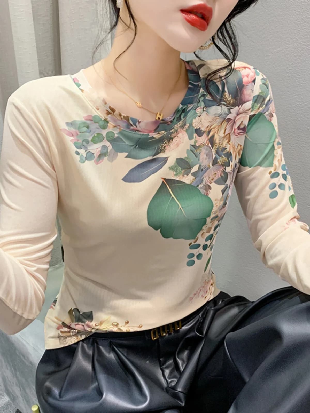 Trendy Long Sleeve Tie Dye Print Mesh Women's T-Shirt Slim Fit Fashionable Inner Wear Spring Street Style round Neck Top