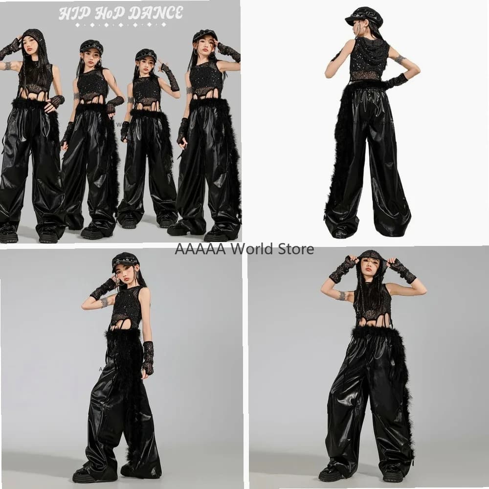 Set Streetwear Kpop per Bambine, Felpa Corta con Paillettes e Pantaloni Cargo, Costume da Ballo Hip Hop, Abbigliamento per Gruppi di Ragazze Jazz