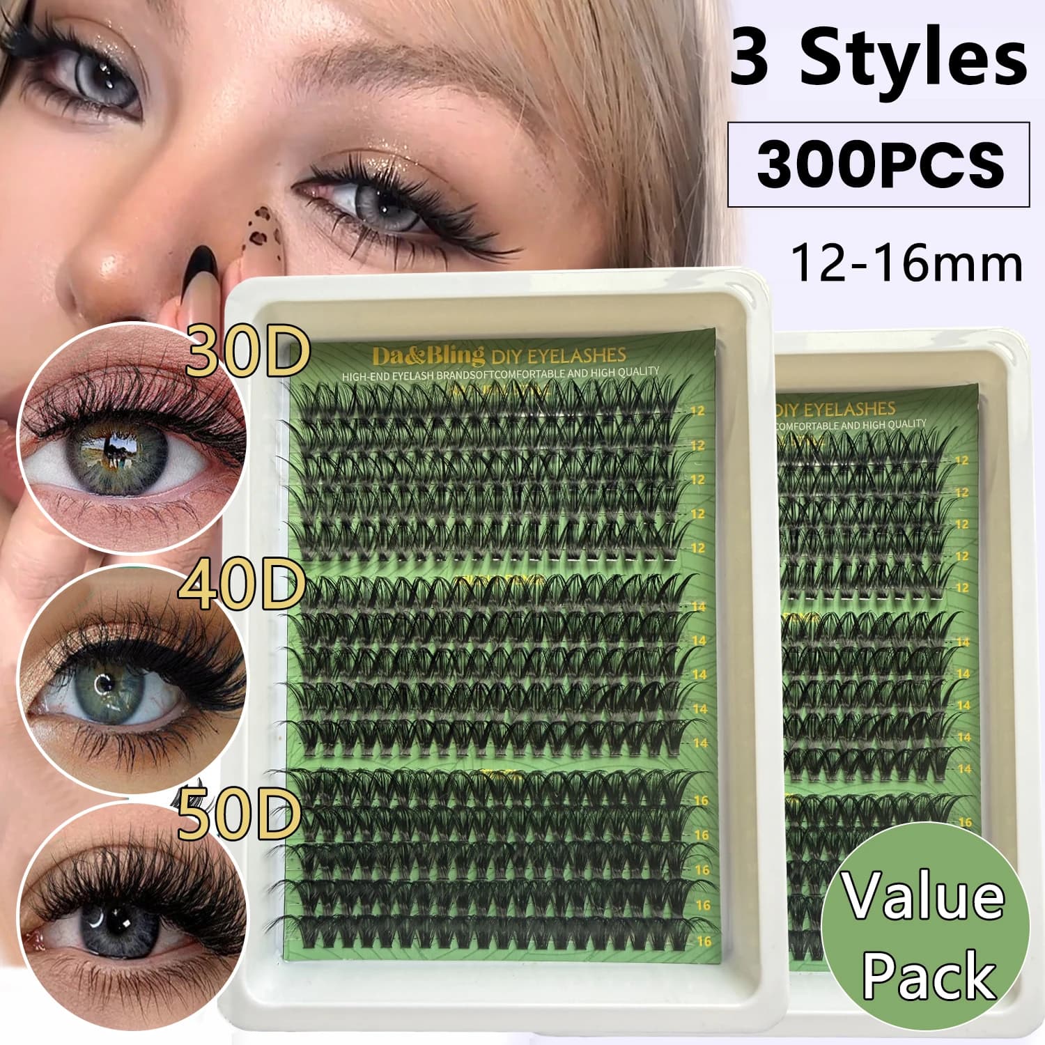 300 Pieces of Eyelashes, Fake Eyelashes Effect Cat Eyes, Extension Eyelashes Individual Voluminous and Blowjobs, Fa-da-Te Eyelashes for Make-up