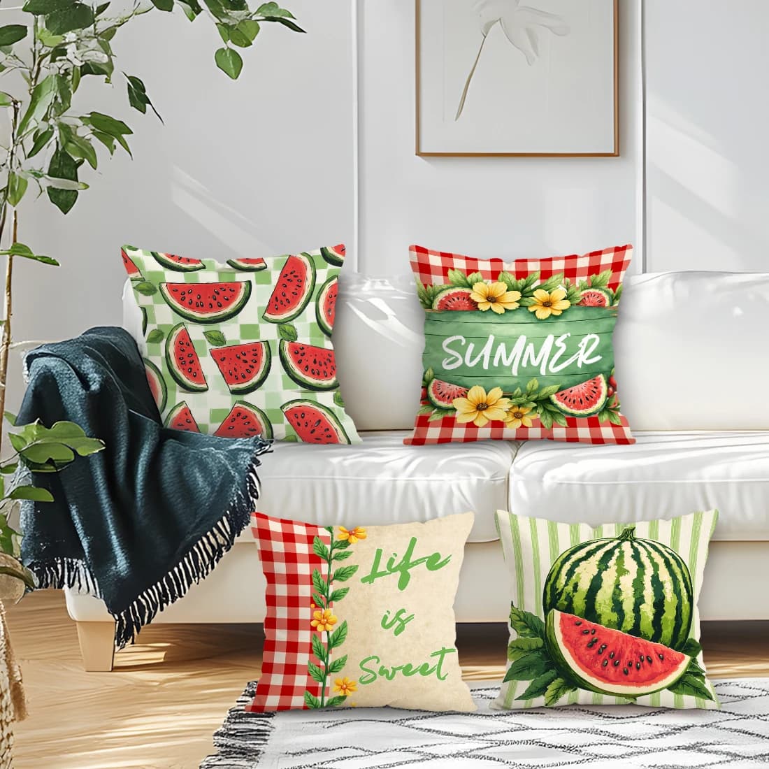 4Pcs Grid Summer Watermelon Cushion Covers Single-sided Printed 40/45/50CM Throw Pillow Case Cover Sofa Cushion Home Room Decor