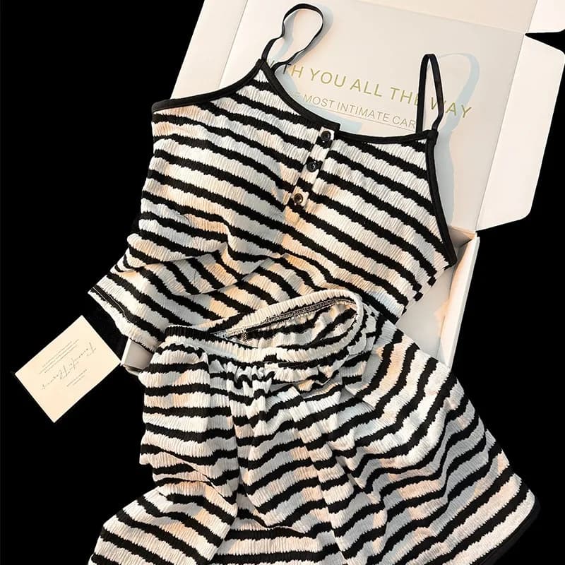 Women's New Summer Modal Pajamas, Teen Style, With Padded Bra, Striped One-Piece Set with Shorts, Women's Summer Clothing