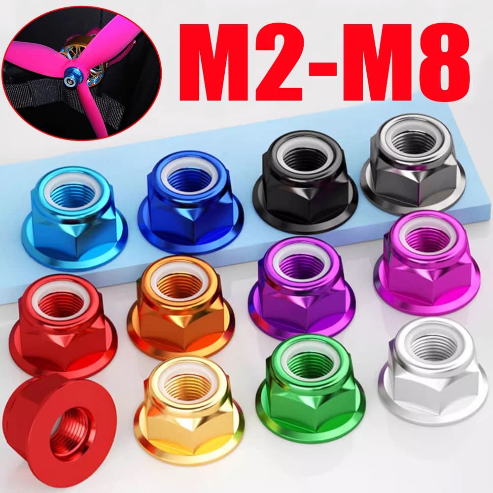 Dado di bloccaggio inserto in nylon con flangia in lega di alluminio colorata anodizzata M2 M2.5 M3 M4 M5 M6 M8 Dado autobloccante per RC FPV Racing Drone