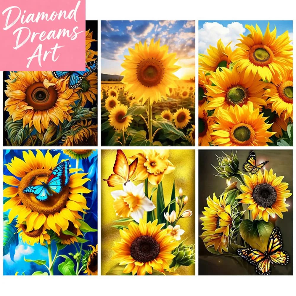 Kit per Ricamo a Diamante Senza Cornice, Girasole e Farfalla, Mosaico Completo, Quadri Decorativi con Strass per la Casa