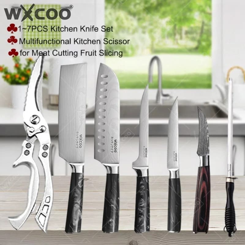 WXCOO 1~7pcs Professional Kitchen Knife Resin Handle Durable Chef Boning Knife Meat Cleaver Steak Lamb Slicing Kitchen Supplies