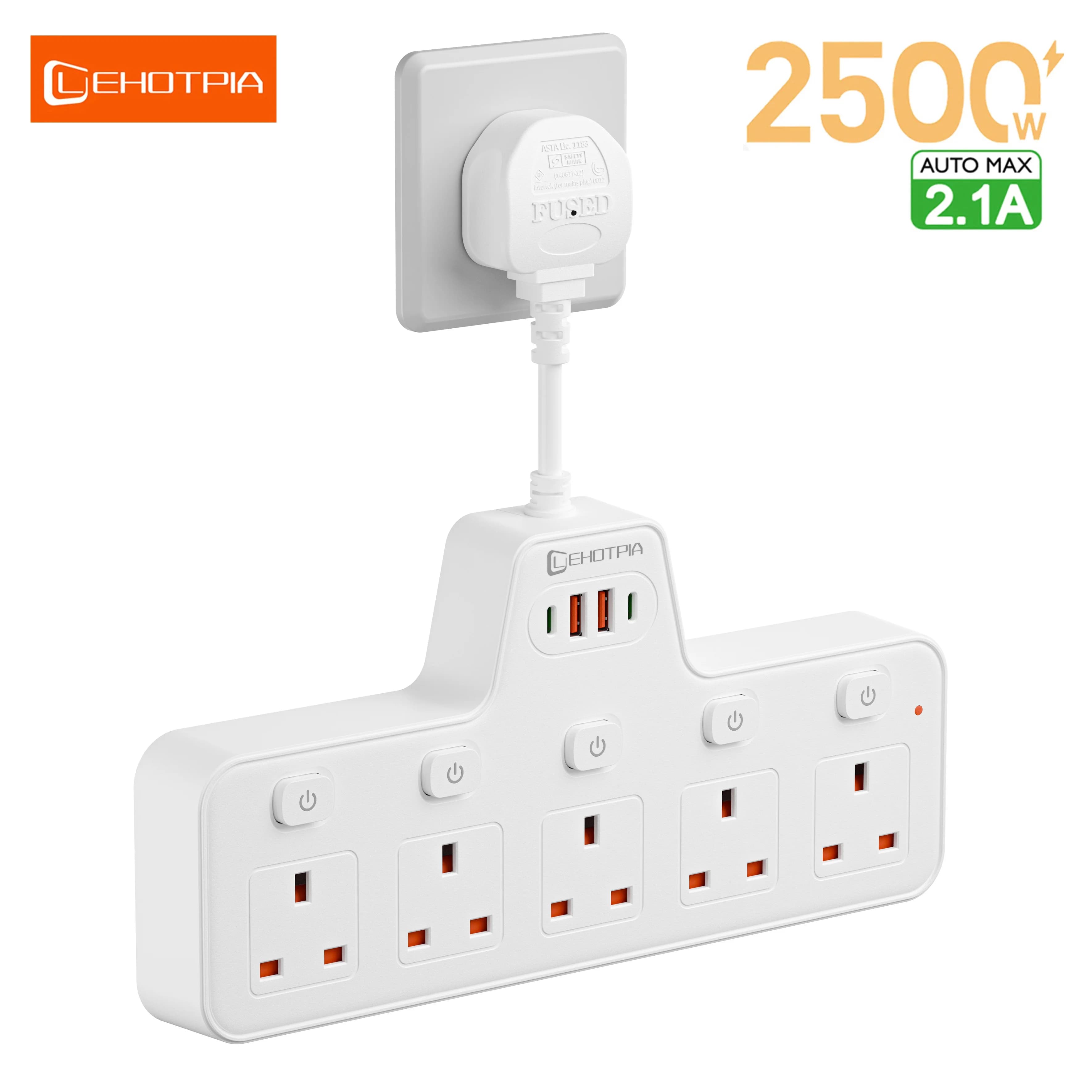 Presa CA UK da 2500 W Presa multipla Interruttore indipendente a parete Filtro di rete Multitap con porte USB C Adattatore di ricarica rapida 2.1A