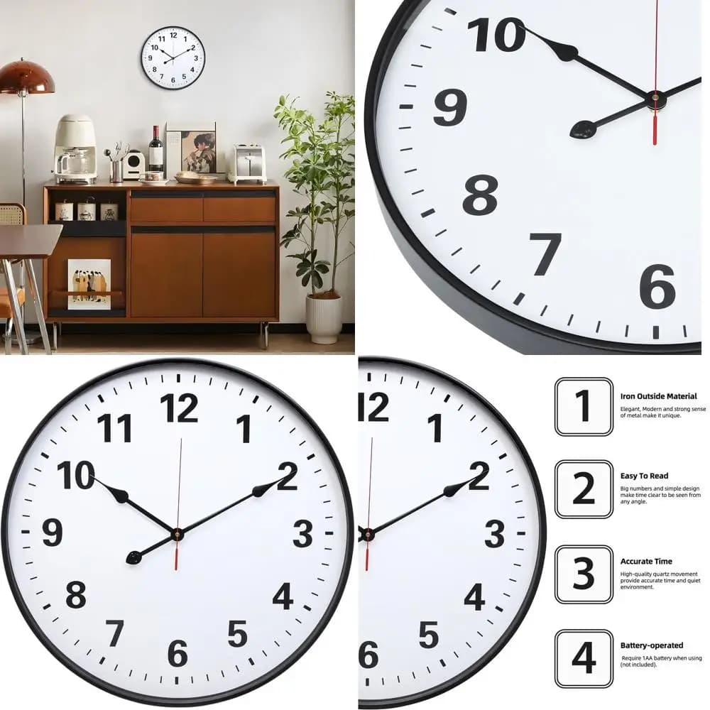 Black Metal Wall Clock 24 Inches - Vintage Style, Silent Quartz Movement, Battery Powered, Ideal for Interior and Exterior