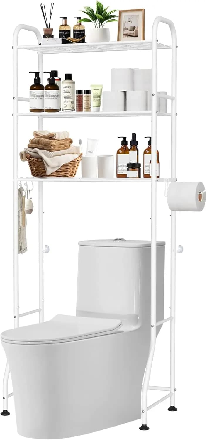 Scaffale portaoggetti a 3 livelli da posizionare sopra il WC, senza foratura - Organizzatore da bagno in metallo bianco con ganci e porta carta igienica per piccoli spazi