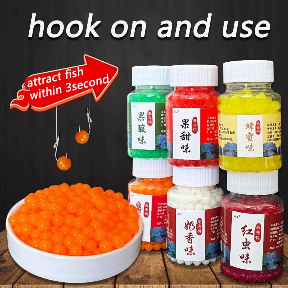 Jelly Lure 300PCS Granulare Alimenti per pesci Mangime acquatico Carpa Pesca Attrattivo Sapore Pillola elastica Nutrizione Uovo Aroma di pesce Esca morbida