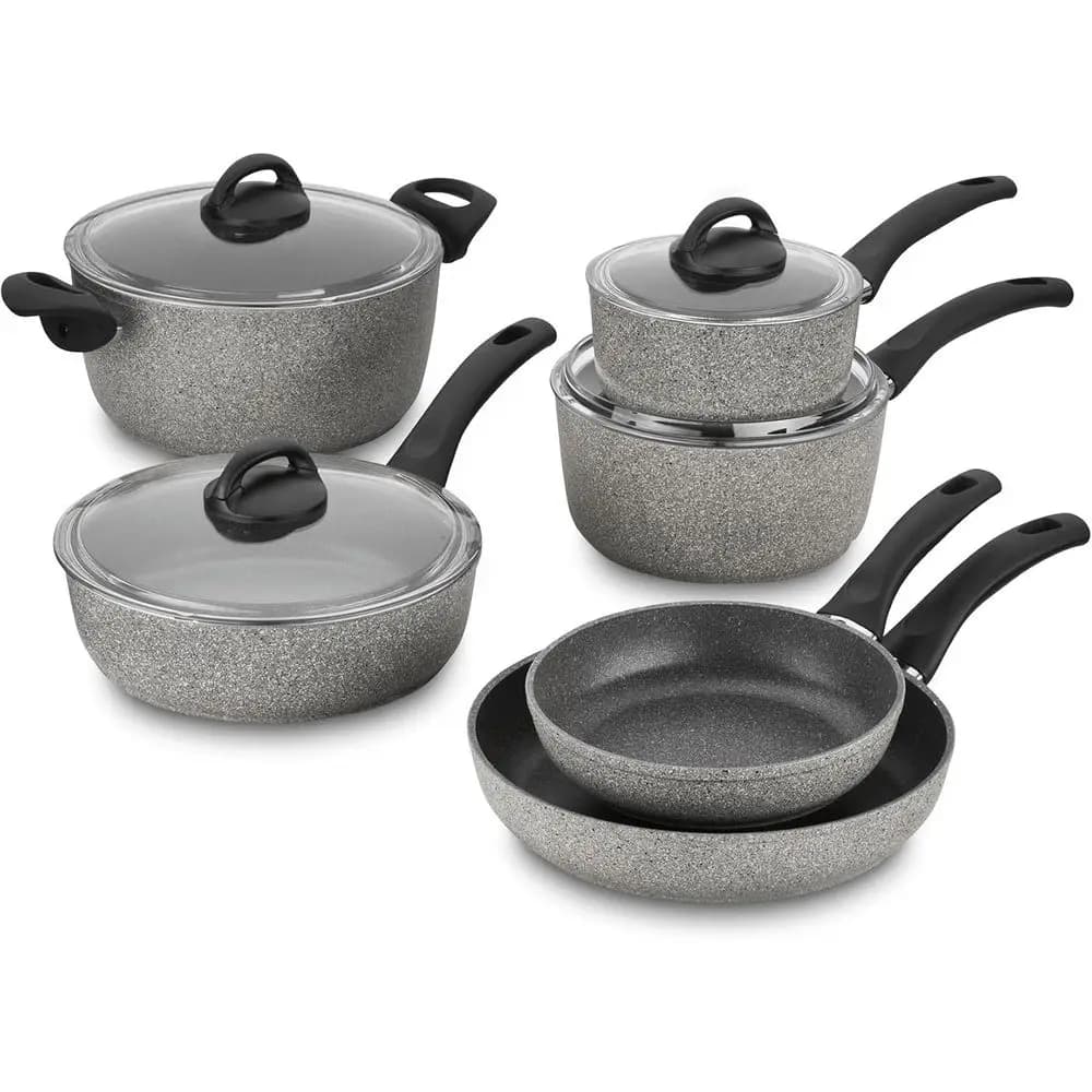 Set of 10 Pieces: Tiles, Plates, Jumping pan, Dutch pot with lid, Grey