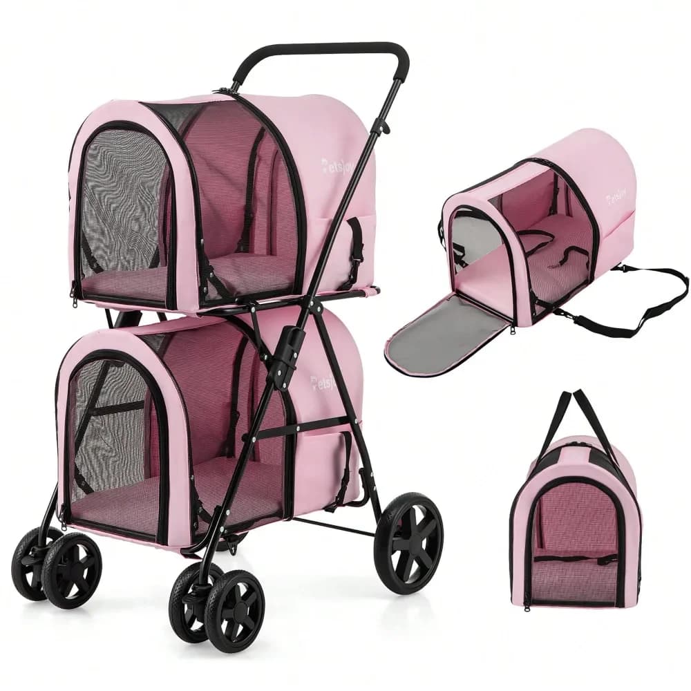 Passeggino doppio 4 in 1 per animali domestici con trasportino rimovibile per gatti