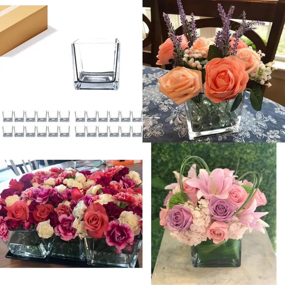 Disposable transparent glass cubic vases, 4x4x4 candle holders, elegant floral accents, flower terraces, storage containers for weddings