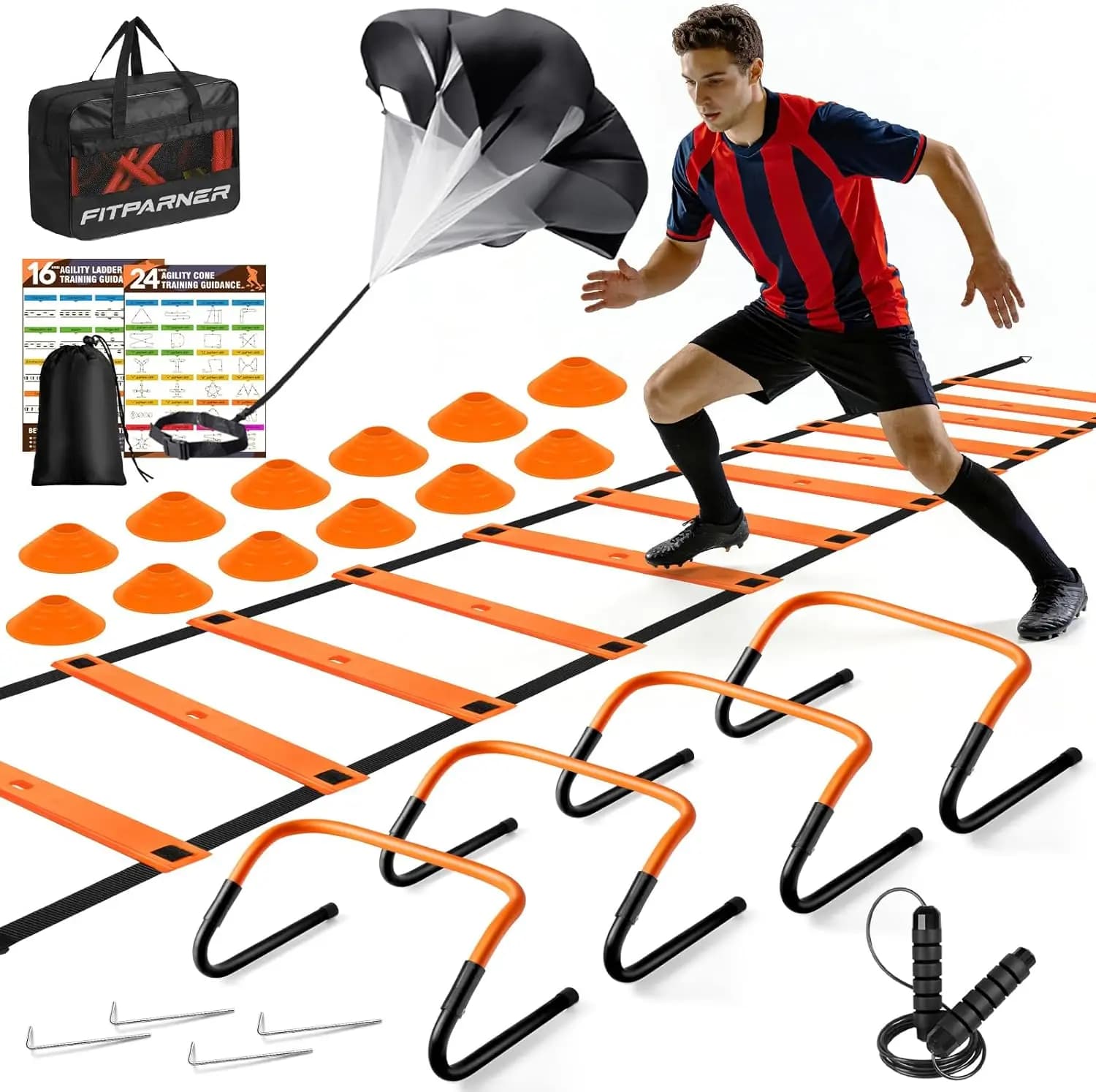 20-foot Agile Training Equipment Set with Obstacles, Cones, Parachutes and Corda for Jumping for Football Training