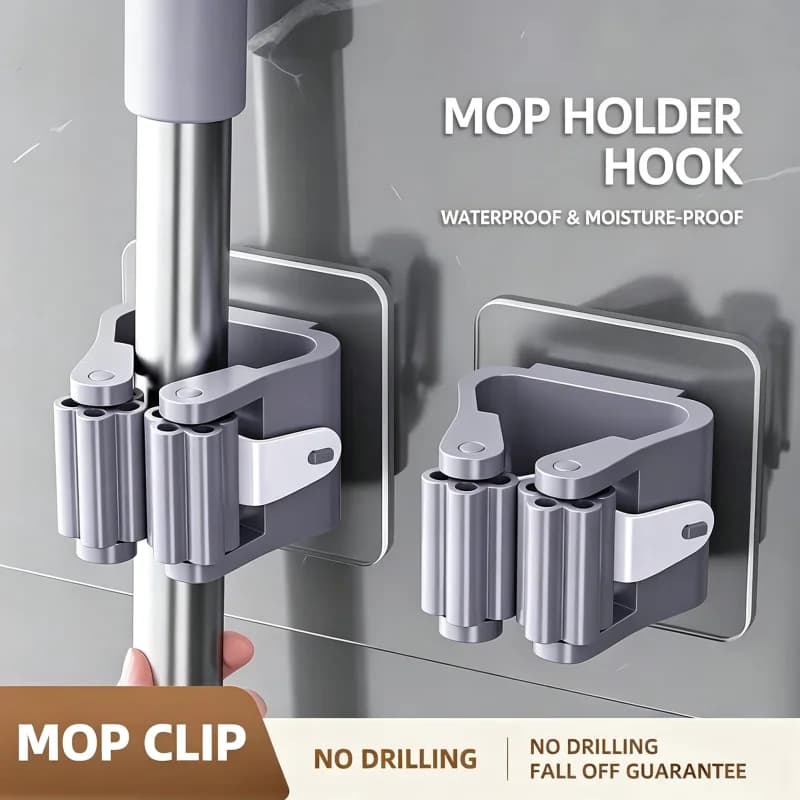 No Drill Mop Holder Hook Heavy Duty Wall‑Mounted Mop Broom Gripper Adhesive Mop Organizer for Bathroom Kitchen Storage