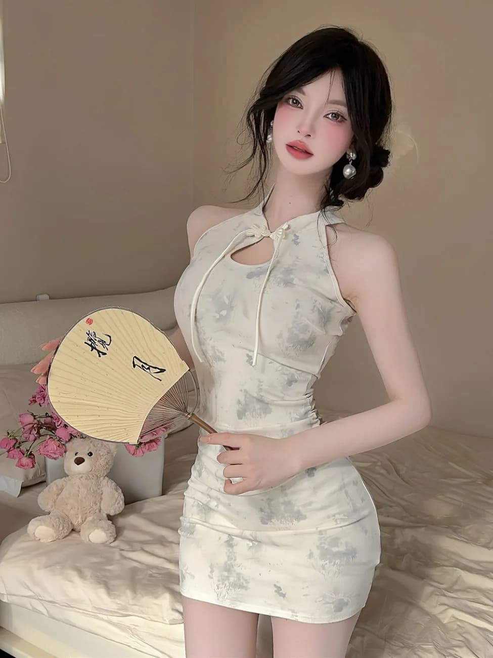 Retro Print Sexy Hollow out Button Neck Short Qipao Dress Chinese Style Slim Fit Bodycon Dress High Waist Summer Casual Skirt