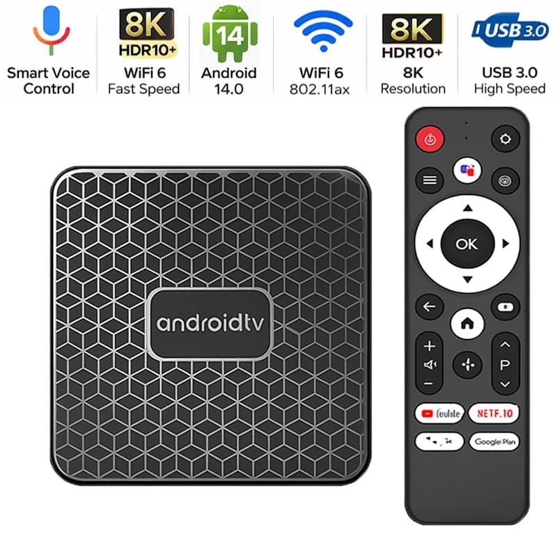 Box TV Android 14 con Controllo Vocale Intelligente, RK3518 WiFi 8K HDR10+, USB3.0, 64GB/32GB, Lettore Multimediale 4K, Set-Top Box per Streaming Smart TV