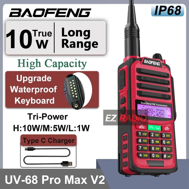 Baofeng UV68 Pro Max V2 IP67 Walkie Talkie impermeabile 10W Potente dual band VHF/UHF Radio bidirezionale a lungo raggio Rosso Walkie Talkie