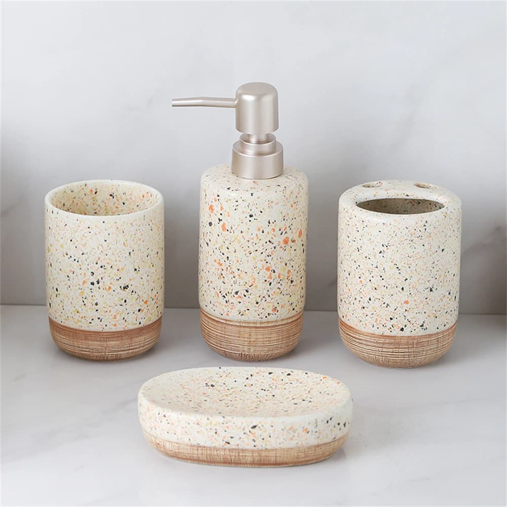 Set di 4 Accessori per il Bagno con Dispenser Sapone da 350ml, Porta Spazzolini, Bicchiere e Portasapone, Kit Organizzatore per Piano Lavabo