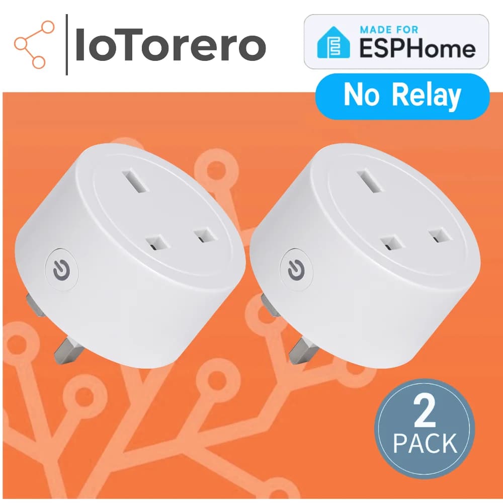 IoTorero UK 2 PACK realizzato per ESPHome senza spina relè Monitoraggio del consumo del contatore di energia 16A Funziona con l'assistente domestico