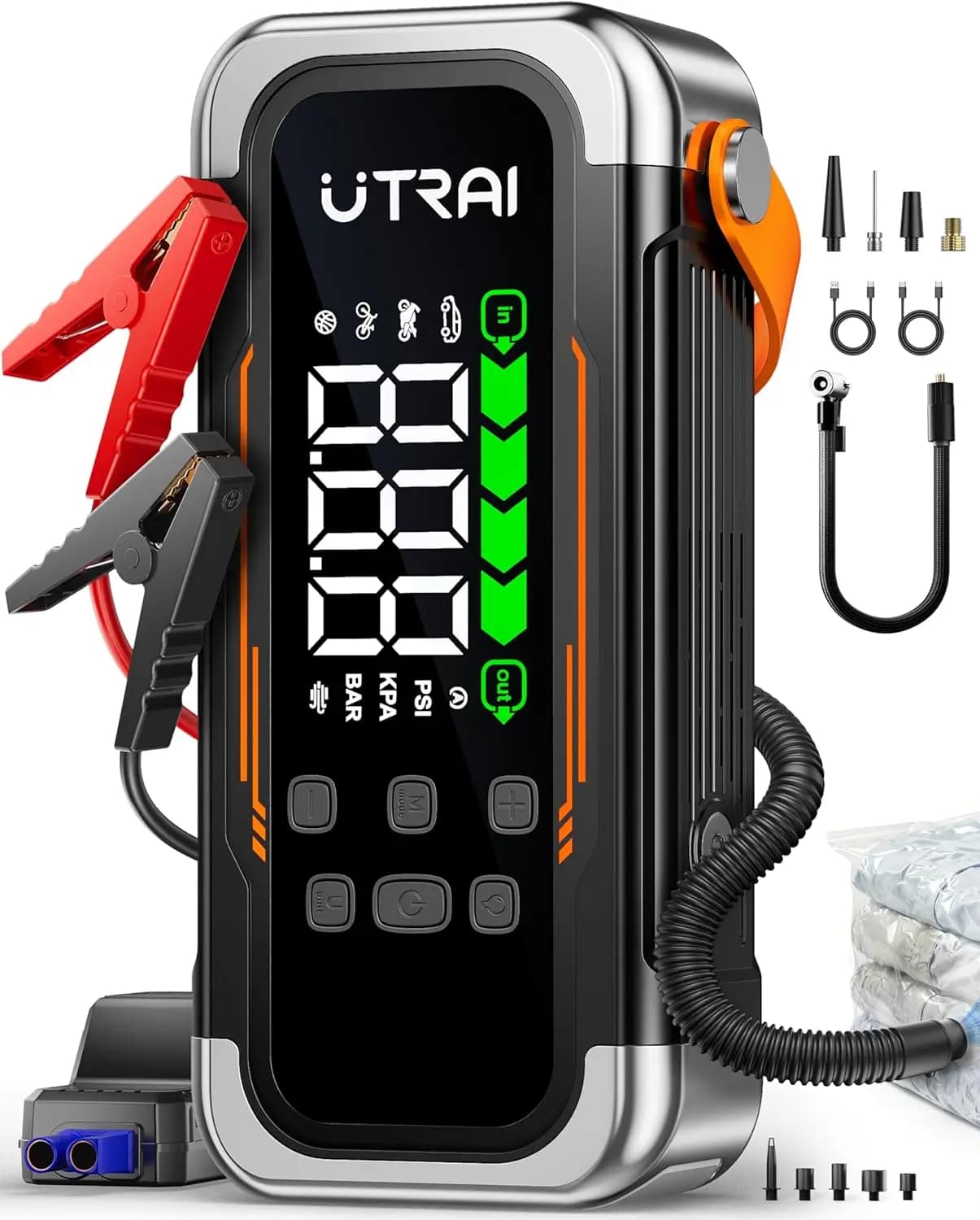 Avviatore d'Emergenza Portatile per Auto con Compressore d'Aria, Picco di 6000A per Motori a Benzina e Diesel, Gonfiatore Pneumatici 150PSI, Ricarica Rapida PD30W