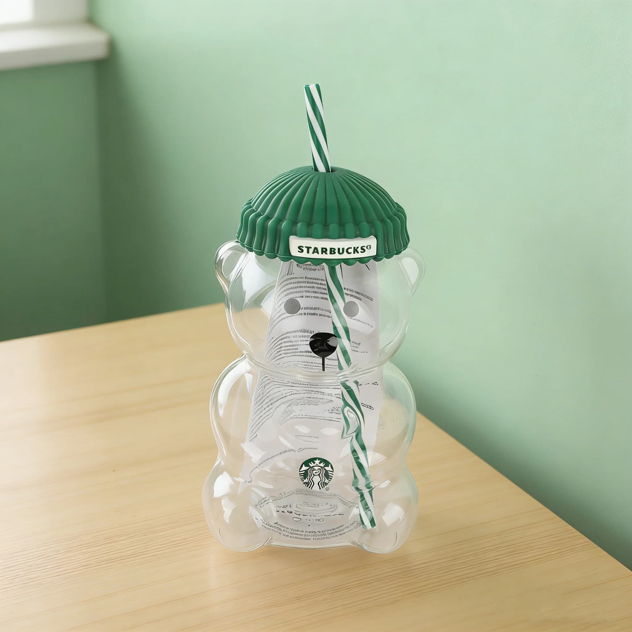 Bicchiere in Vetro Starbucks Bearista Bear 591ml con Coperchio Verde e Cannuccia per Acqua Fredda
