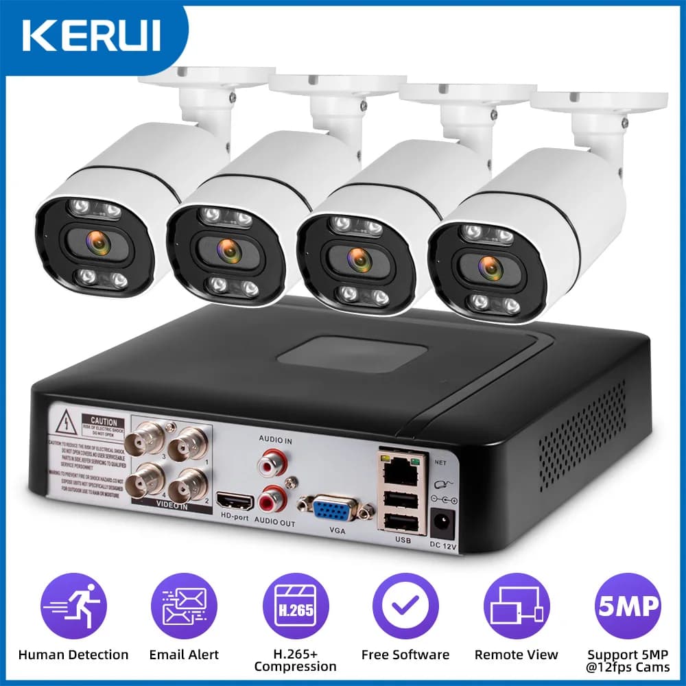 KERUI 6 IN 1 Videoregistratore 4CH DVR 5MP Kit sistema di telecamere di sicurezza di sorveglianza esterna Kit CCTV Visione notturna Rilevamento facciale