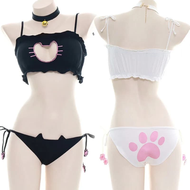 Anime Girl Cute Cat Paw Bikini Costume da bagno Summer Beach Girl Mini Lovely Cats Bell Swimwear uniforme Cosplay Cats Hollow Bra