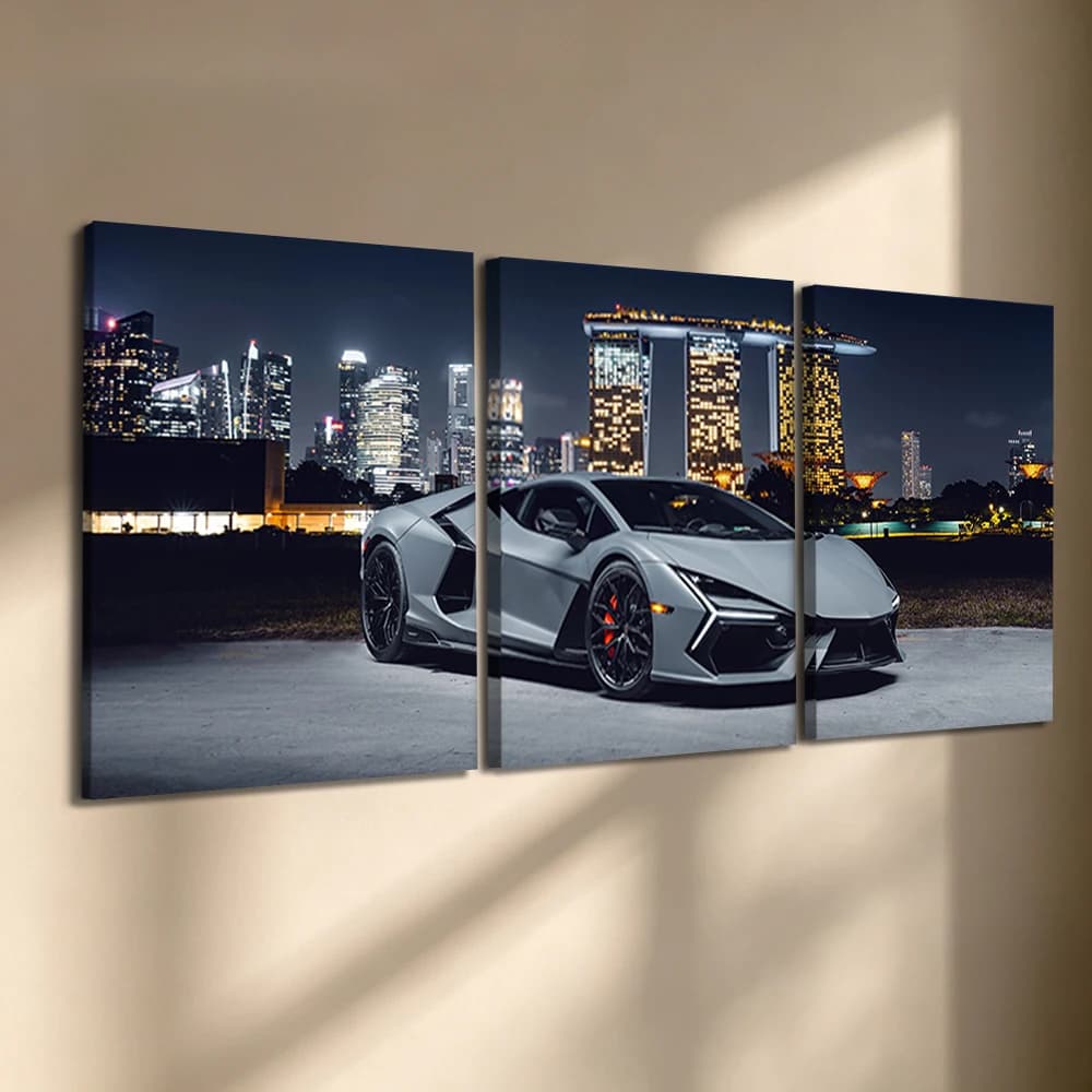 Set di 3 Quadri su Tela con Cornice in Legno, Stampa Notturna di Supercar e Paesaggio Urbano, Decorazione per Sala Uomo, Soggiorno, Camera da Letto, Garage