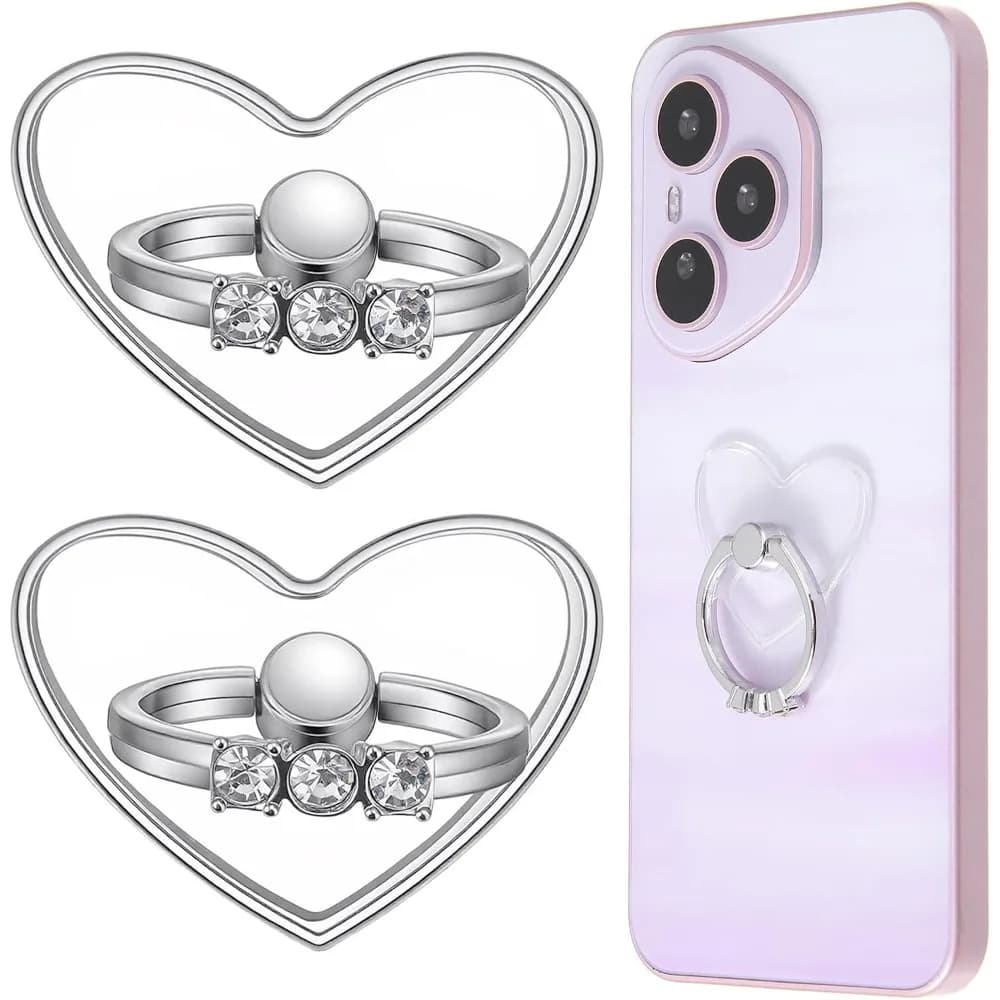 Double Pack Sparkling Diamond Heart Phone Grip, Transparent Adjustable 360° Rotating Finger Ring Stand for Smart Devices