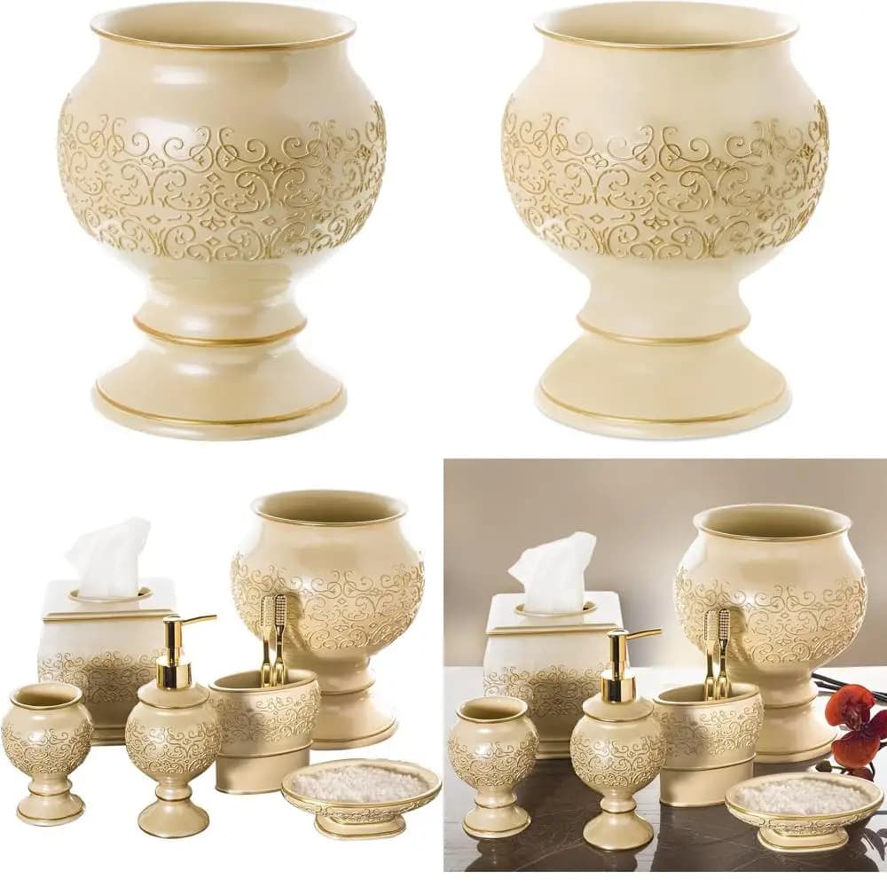 Cestino Decorativo da 4L - Pattumiera in Resina Resistente per Bagno, Accessori Oro e Beige