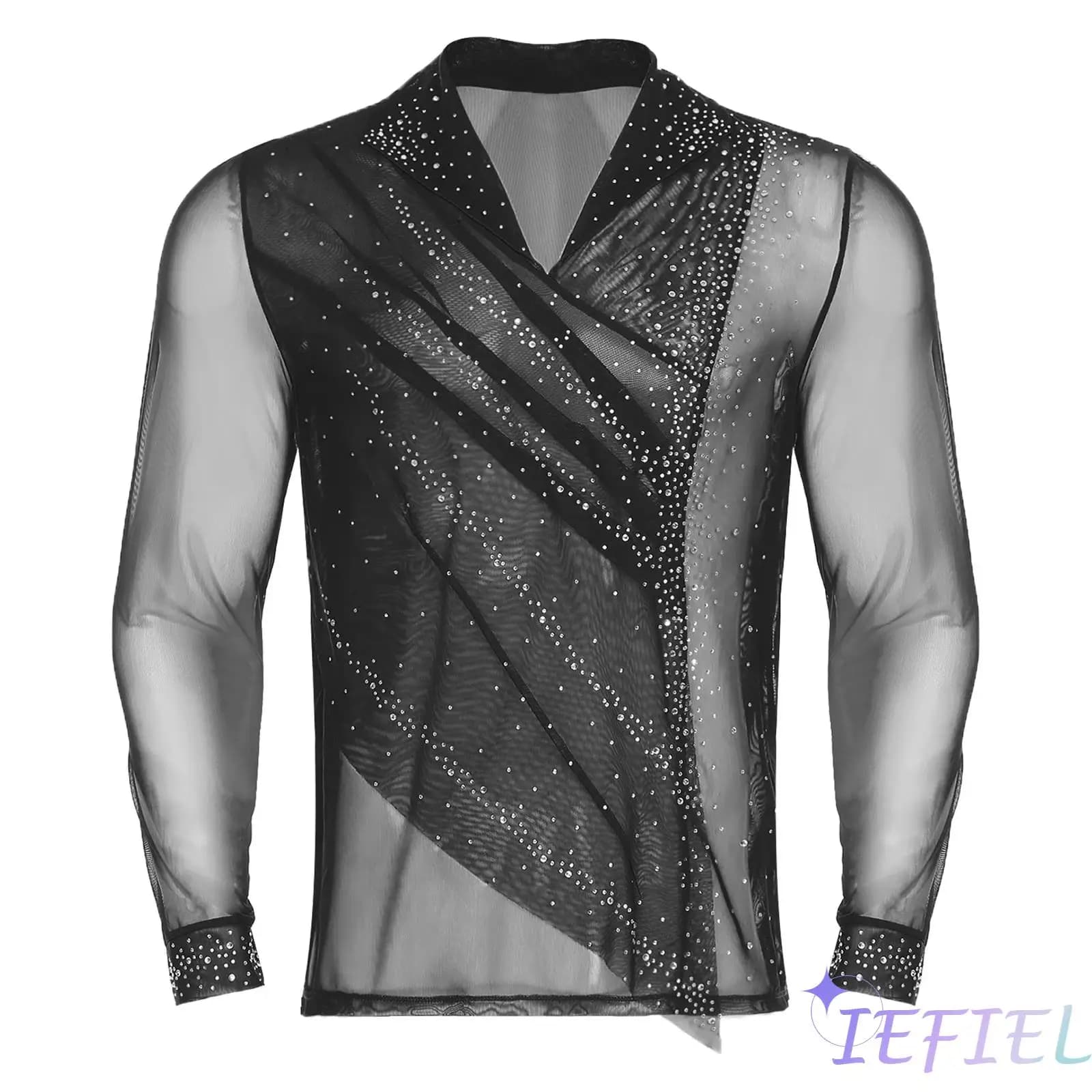 Top da uomo in rete velata da pattinaggio di figura con strass scintillanti, camicia pullover a maniche lunghe con scollo a V e risvolto per spettacoli di ginnastica di balletto