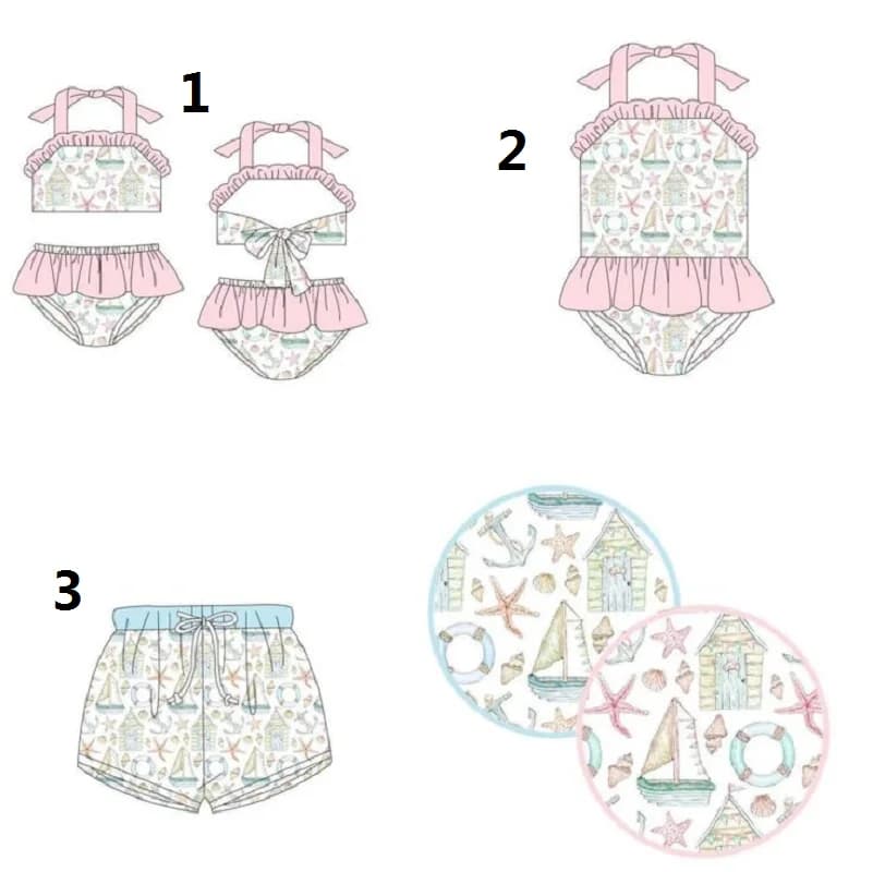 Vendita calda estiva Shell Print Girl Pink Ruffle Halter Neck Costume da bagno Ragazzo Blu Squisito costume da bagno Materiale in seta di latte