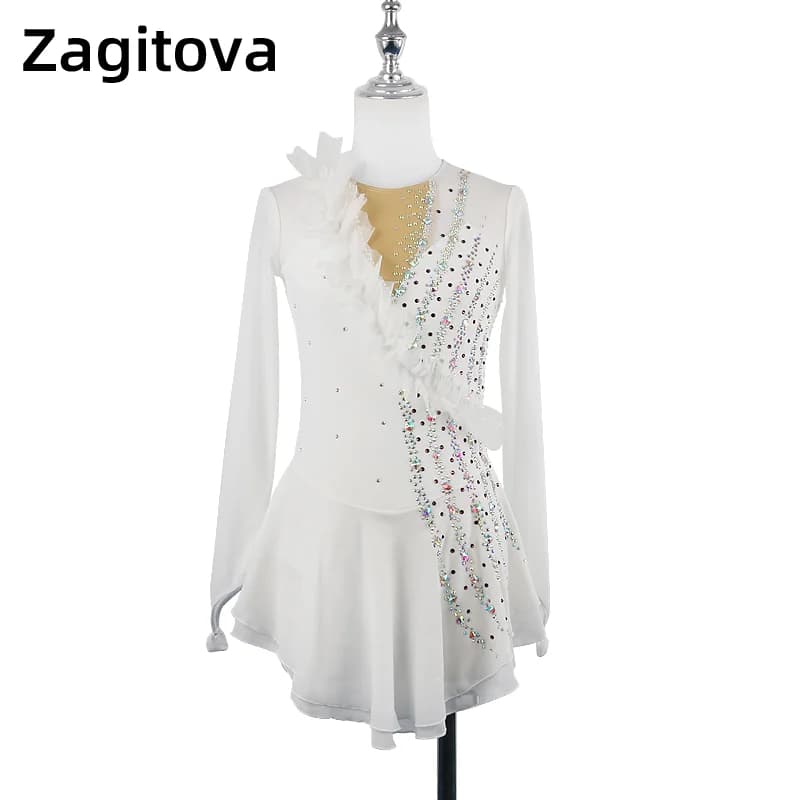 ZAGITOVA Abito da pattinaggio di figura Gonna da pattinaggio su ghiaccio a maniche lunghe da donna Gonna nobile bianca Gonna in rete con strass lucidi