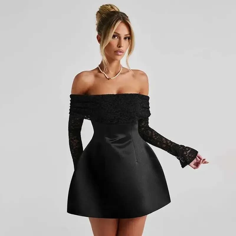 Abito da donna mini a trapezio con patchwork in pizzo e fascia in vita, scollo a barca, senza schienale, sexy, per discoteca e feste, Autunno Inverno